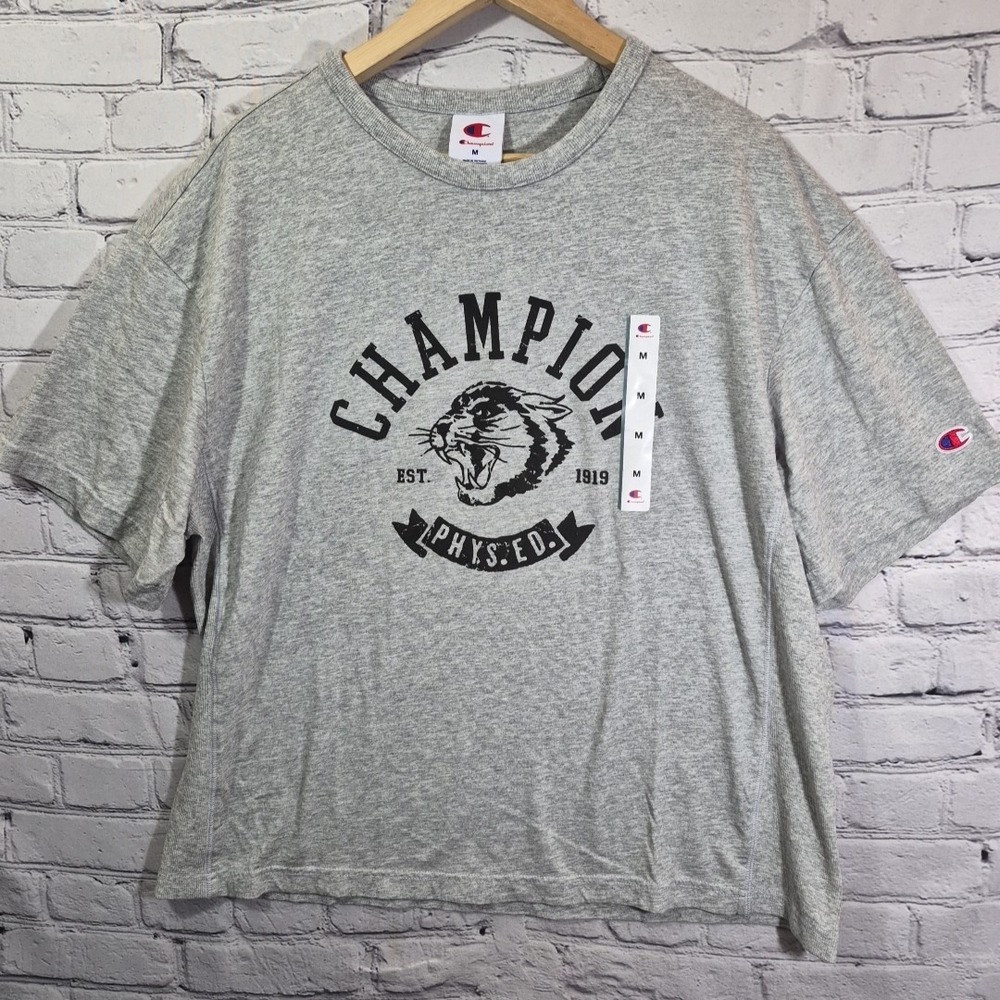 Champion‎ Phys Ed Cougar Graphic Tee Mens M Gray Spellout Logo T-Shirt NWT